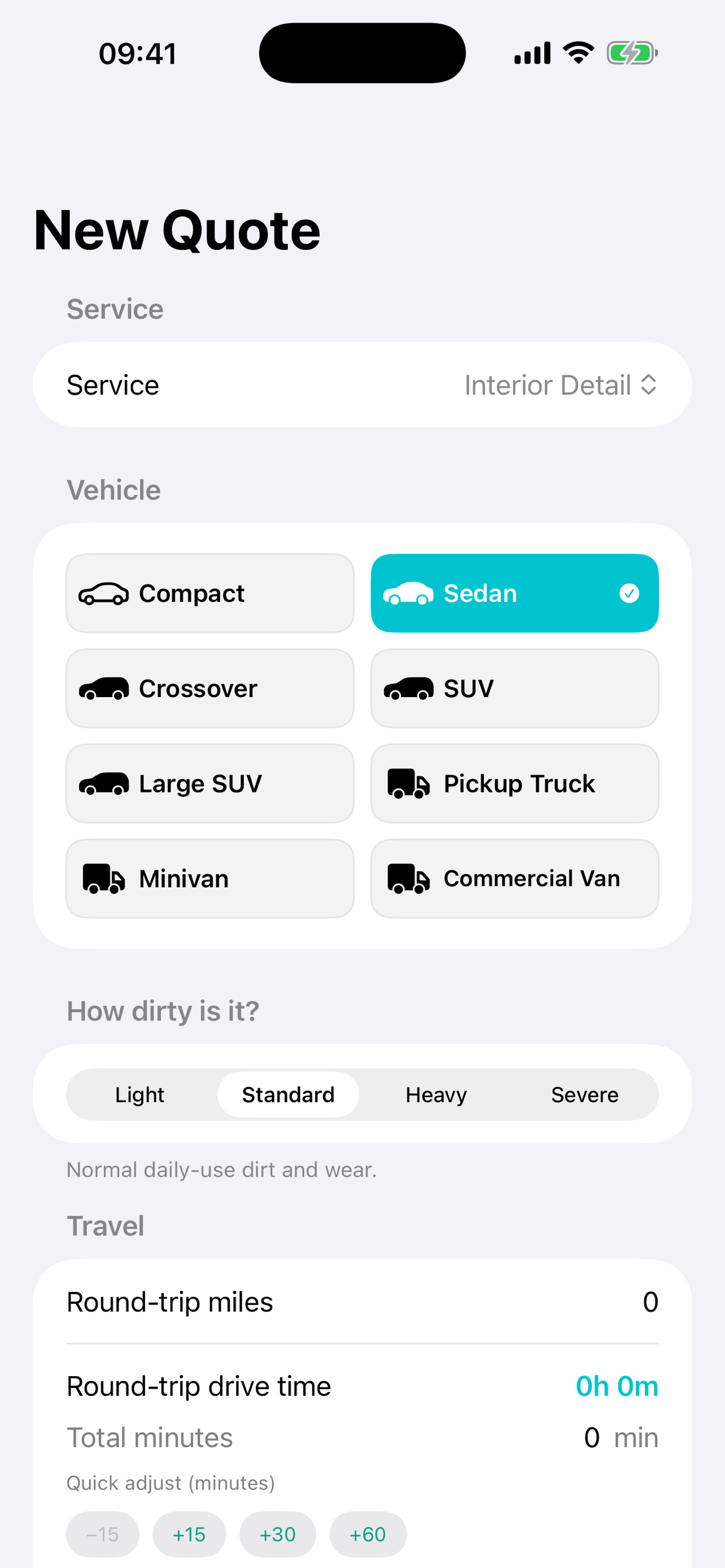 DetailProfit quote builder showing pricing inputs for a detailing service